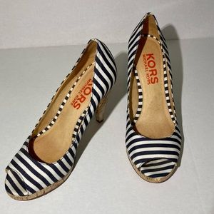 Michael Kors navy blue and white striped pumps